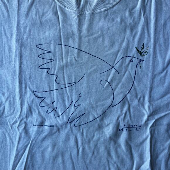 VINTAGE PABLO PICASSO DOVE OF PEACE BIRD ART TEE WHITE SHIRT MENS L SUCCESSION - Picture 1 of 5